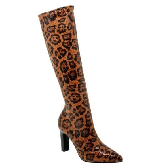 Charles By Charles David Women's Dalton Camel Leopard Print Stretch Boots Size 7 - Picture 1 of 5